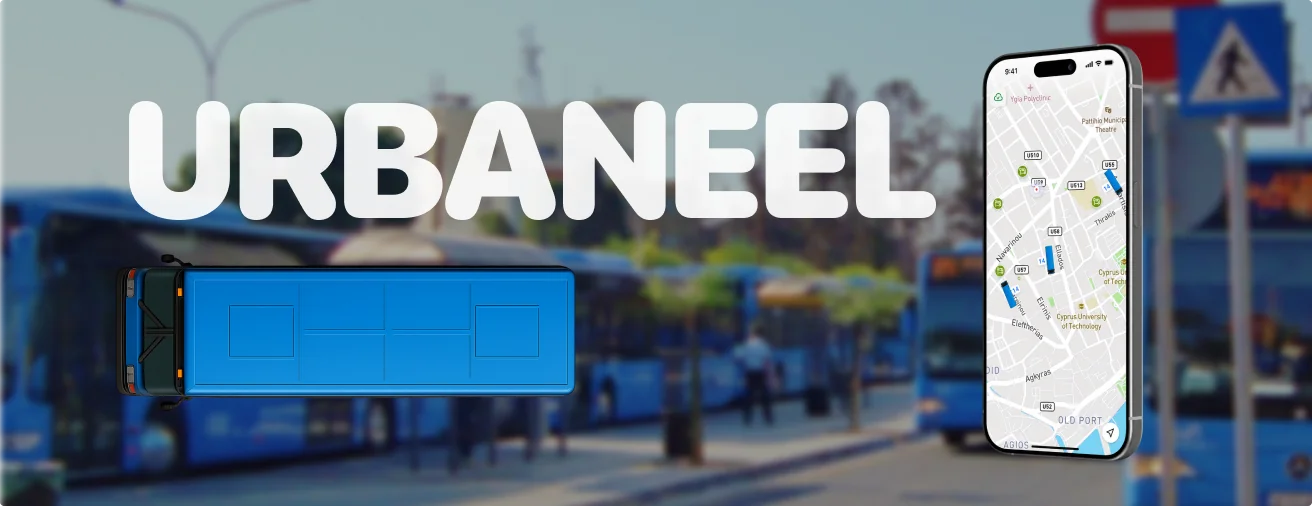 Urbaneel: the app on a phone over a city bus