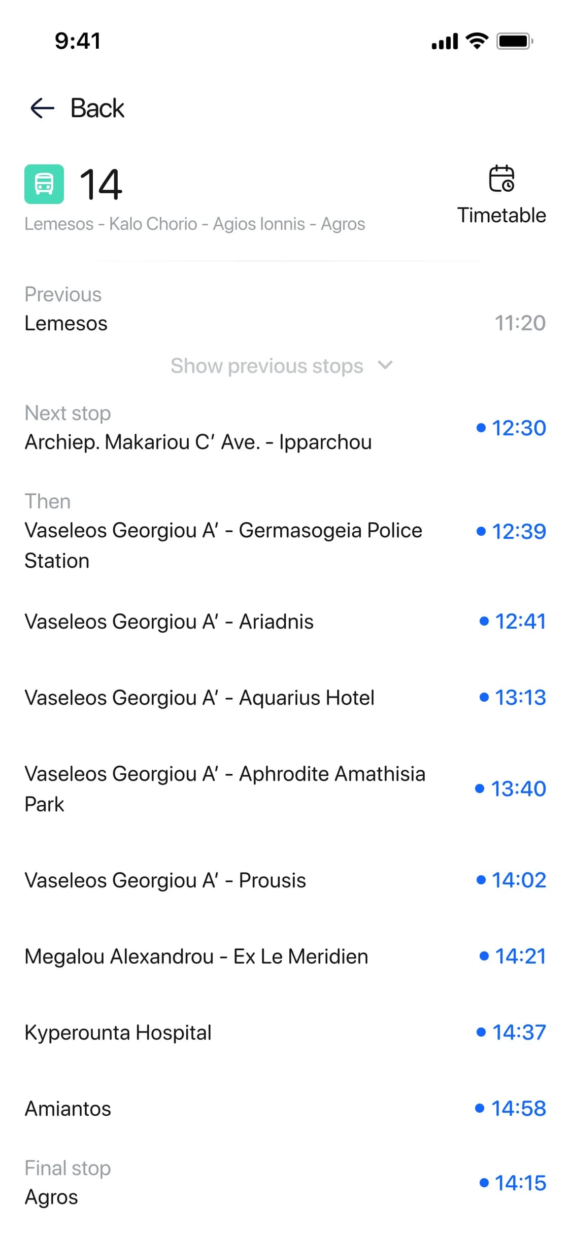 List of stops along a route